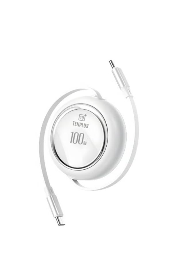 كابل شحن سريع قابل للسحب من USB-C إلى USB-C بقدرة 100 واط - تصميم مضغوط لشحن الكمبيوتر المحمول والهاتف بسرعة فائقة أبيض