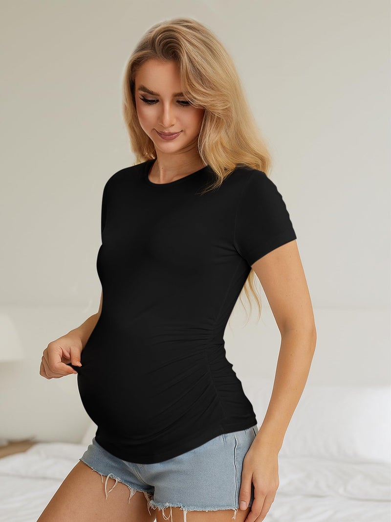 MIRAZEN Maternity Shirts for Women â€“ Crew Neck Maternity Top Short Sleeve Side Ruched Pregnancy Summer Clothes, Black, Medium - Image 3