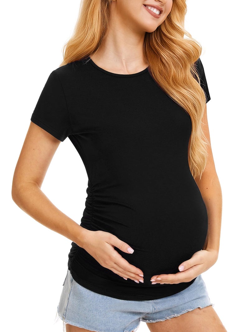 MIRAZEN Maternity Shirts for Women â€“ Crew Neck Maternity Top Short Sleeve Side Ruched Pregnancy Summer Clothes, Black, Medium - Image 1
