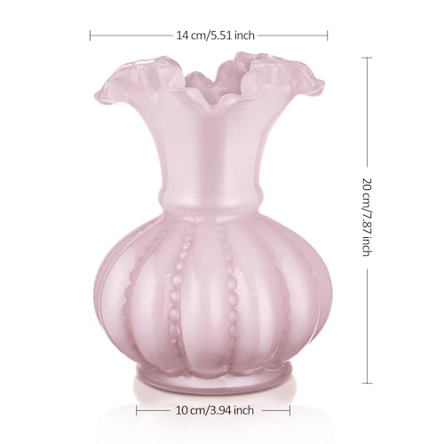 Joeyan Handmade Pink Glass Flower Vase,7.9" Vintage Decorative Urn Vase for Centrepieces Bouquet Wedding,Colored Thickened Pedestal Decorations for Rustic Home Living Room Office Farmhouse - Image 3