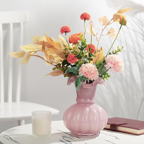Joeyan Handmade Pink Glass Flower Vase,7.9" Vintage Decorative Urn Vase for Centrepieces Bouquet Wedding,Colored Thickened Pedestal Decorations for Rustic Home Living Room Office Farmhouse - Image 5