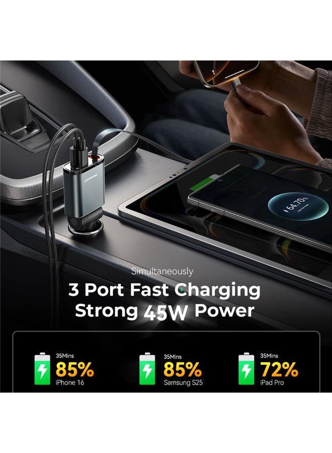 JOYROOM Jr-CCL07 45W Car Charger 3 in 1 with Built-In Retractable Type-C Cable Fast Charging for Multiple Devices Black - Image 4