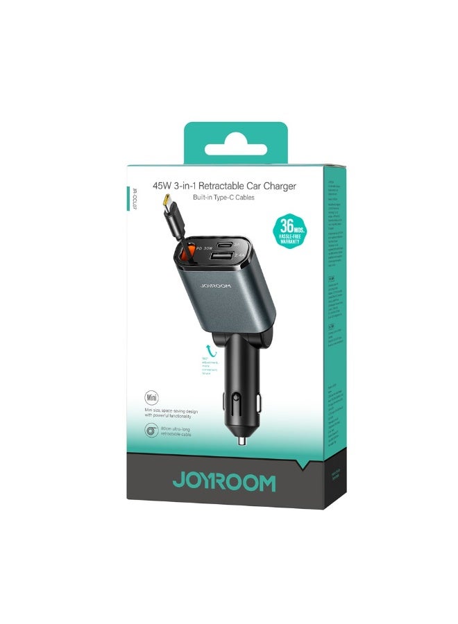 JOYROOM Jr-CCL07 45W Car Charger 3 in 1 with Built-In Retractable Type-C Cable Fast Charging for Multiple Devices Black - Image 2