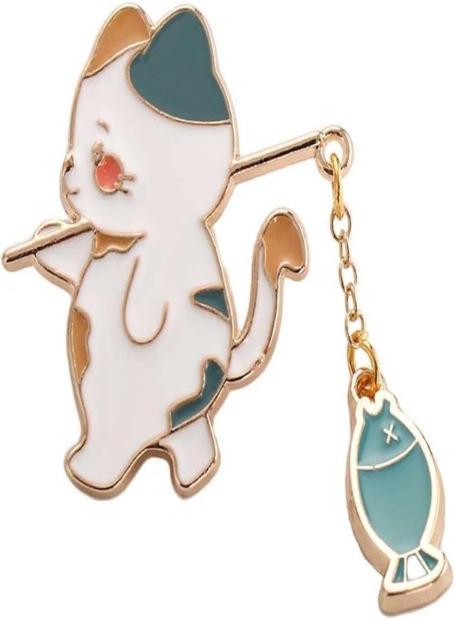 YSSZAM 1Pc Green Cute Cat Brooch,Creative Cat Fishing Design Metal Enamel Brooch Cartoon Cute Animal Badge Pin Women's Brooches for Women Men - Image 1