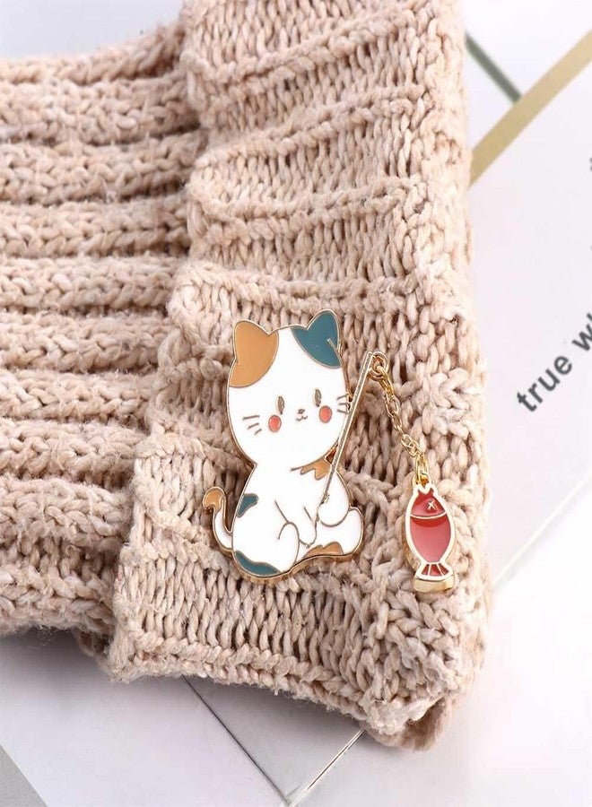 YSSZAM 1Pc Green Cute Cat Brooch,Creative Cat Fishing Design Metal Enamel Brooch Cartoon Cute Animal Badge Pin Women's Brooches for Women Men - Image 3