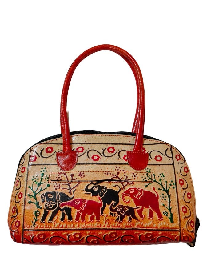CLASSIQUE Shantiniketan Pure Leather Traditional Printed Handbag Purse for Women Batua Elephant Heard - Image 1