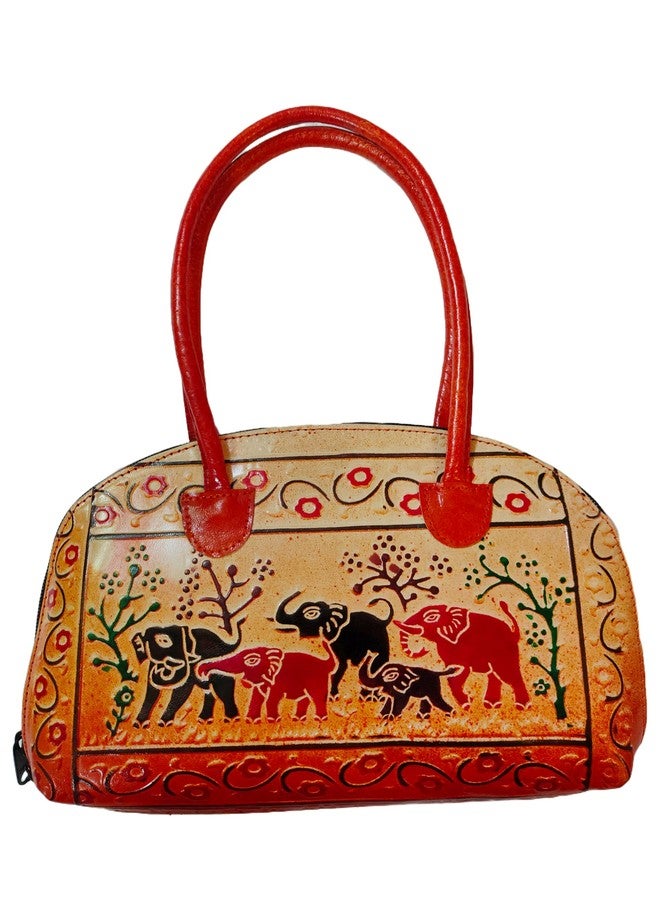 CLASSIQUE Shantiniketan Pure Leather Traditional Printed Handbag Purse for Women Batua Elephant Heard - Image 4