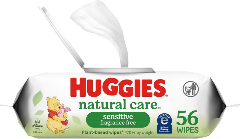 HUGGIES مناديل الأطفال، مناديل حفاضات الأطفال الحساسة للعناية الطبيعية، بدون رائحة، مضادة للحساسية، عبوة واحدة بغطاء قابل للطي (56 مناديل إجمالاً) - Image 1
