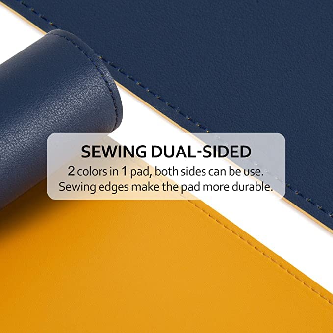 AROPANA Vegan Leather Desk Mat | Large Reversible Mouse Pad & Computer Table Protector | Dual-Side Waterproof Extended Laptop Pad with Edge-Stitched Design (70x35CM, Navy Blue and Yellow) - Image 3