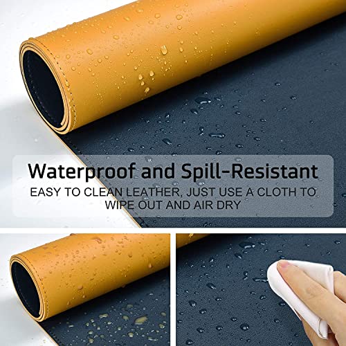 AROPANA Vegan Leather Desk Mat | Large Reversible Mouse Pad & Computer Table Protector | Dual-Side Waterproof Extended Laptop Pad with Edge-Stitched Design (70x35CM, Navy Blue and Yellow) - Image 5