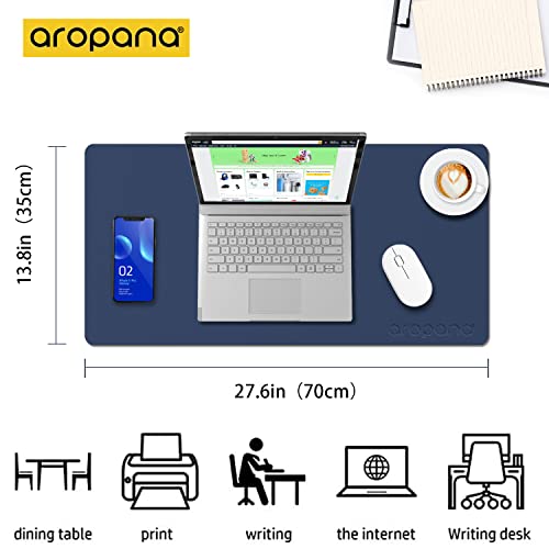 AROPANA Vegan Leather Desk Mat | Large Reversible Mouse Pad & Computer Table Protector | Dual-Side Waterproof Extended Laptop Pad with Edge-Stitched Design (70x35CM, Navy Blue and Yellow) - Image 2