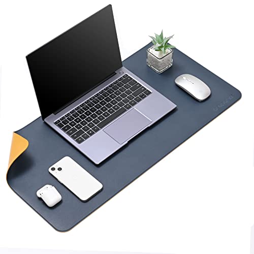 AROPANA Vegan Leather Desk Mat | Large Reversible Mouse Pad & Computer Table Protector | Dual-Side Waterproof Extended Laptop Pad with Edge-Stitched Design (70x35CM, Navy Blue and Yellow) - Image 1