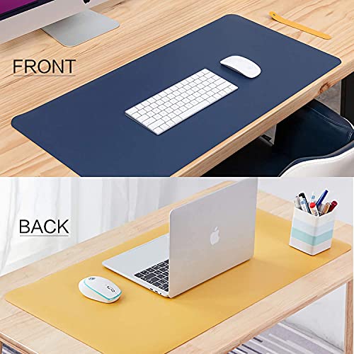AROPANA Vegan Leather Desk Mat | Large Reversible Mouse Pad & Computer Table Protector | Dual-Side Waterproof Extended Laptop Pad with Edge-Stitched Design (70x35CM, Navy Blue and Yellow) - Image 4