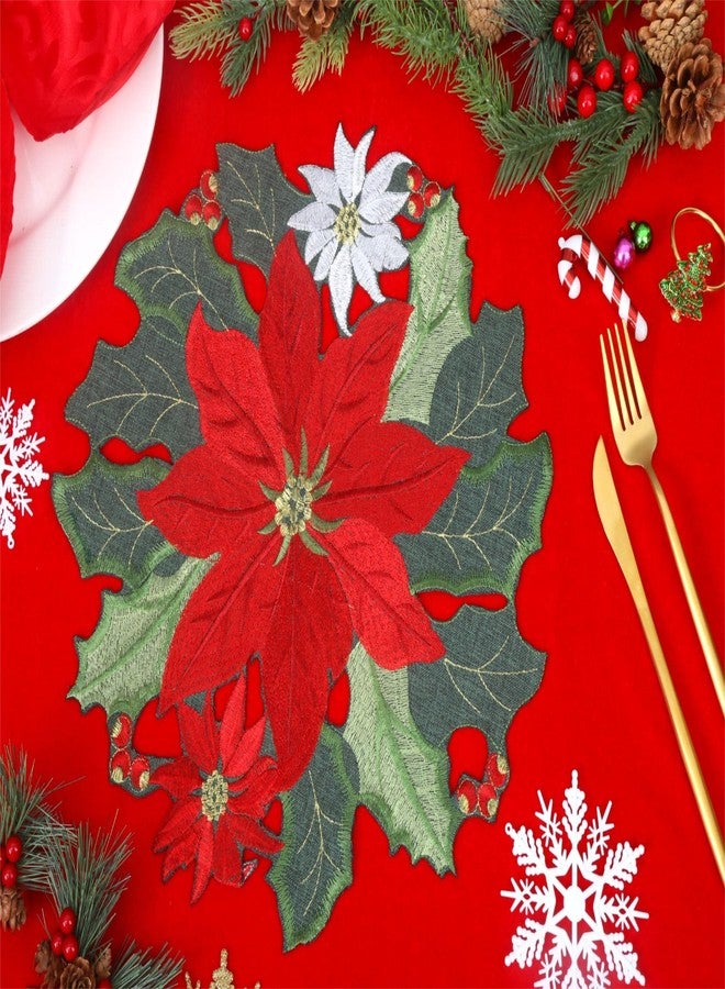 GRANDDECO مجموعة مفارش طاولة عيد الميلاد من جرانديكو، 4 قطع، لحفلات المزرعة، مزينة بأزهار عيد الميلاد الحمراء المطرزة، لتزيين طاولة الطعام في المطبخ أو المنزل في عيد الميلاد (مجموعة مفارش طاولة مقاس 14 بوصة، 4 قطع، أحمر) - Image 2