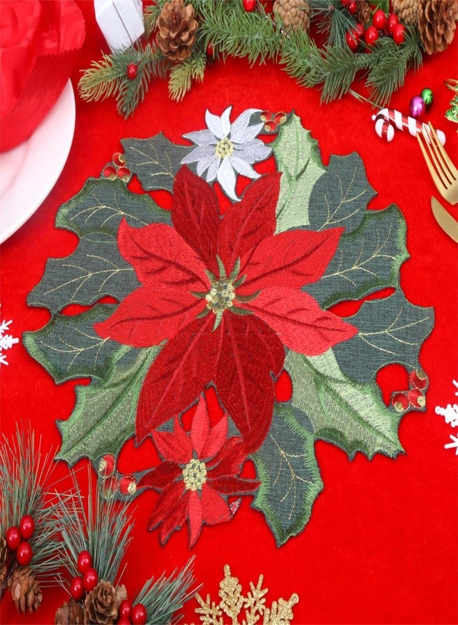 GRANDDECO مجموعة مفارش طاولة عيد الميلاد من جرانديكو، 4 قطع، لحفلات المزرعة، مزينة بأزهار عيد الميلاد الحمراء المطرزة، لتزيين طاولة الطعام في المطبخ أو المنزل في عيد الميلاد (مجموعة مفارش طاولة مقاس 14 بوصة، 4 قطع، أحمر) - Image 4