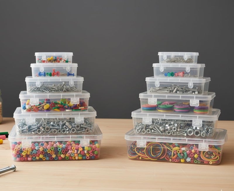 URBAA Plastic Small Storage Boxes Container With Lock Lid,Jewellery Case Organiser(PUREPACK234567), (Size No. -2,3,4,5,6,7) Set Of 12 Boxes, Transparent - Image 2