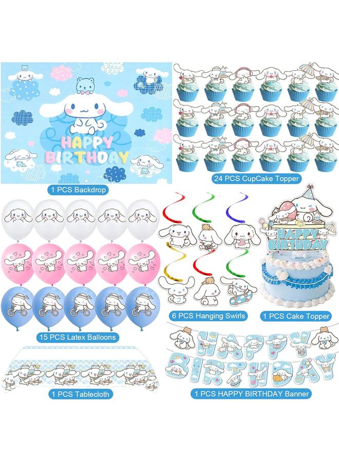 Bluejw Cinnamoroll Birthday Decorations, Party Supplies Set Include Banner, Backdrop, Balloons, Hanging Swirls, Cake Cupcake Toppers, Tablecloth for Kids Cinnamoroll Theme Party - Image 2