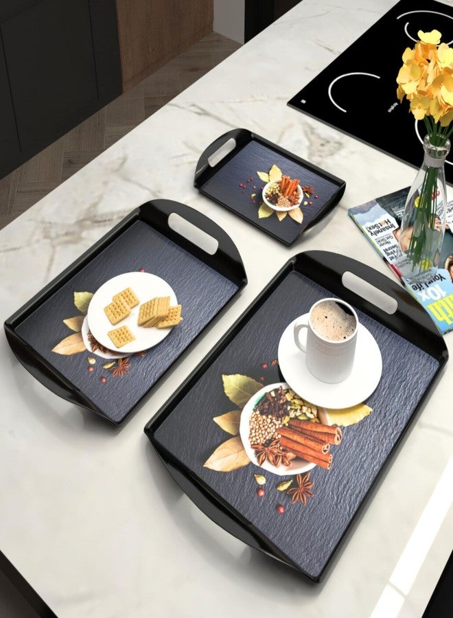 Castleite Aroma Series Melamine Trays Set of 3 with Handles for Serving Snacks or Tea - A Designer Tray Medley for Home or Cafe Use (Spicy Destin) - Image 1