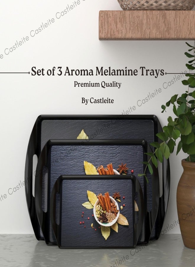 Castleite Aroma Series Melamine Trays Set of 3 with Handles for Serving Snacks or Tea - A Designer Tray Medley for Home or Cafe Use (Spicy Destin) - Image 2
