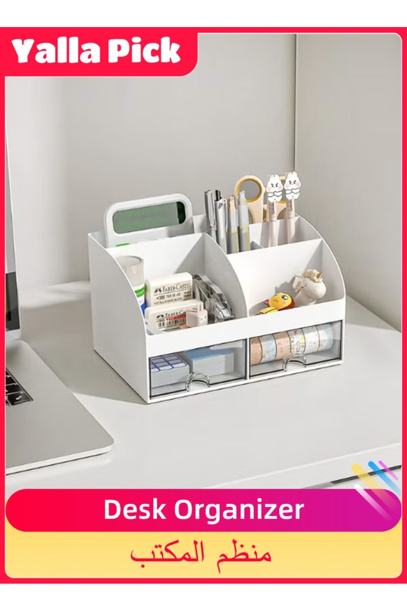 Yalla Pick Desk Organizer, Plastic Makeup Vanity Organizer Box, Desktop Pen Pencil Card Holder for Desk Storage, Desk Organization with 6 Compartments and 2 Drawersfor School, Home, Office  - Image 1
