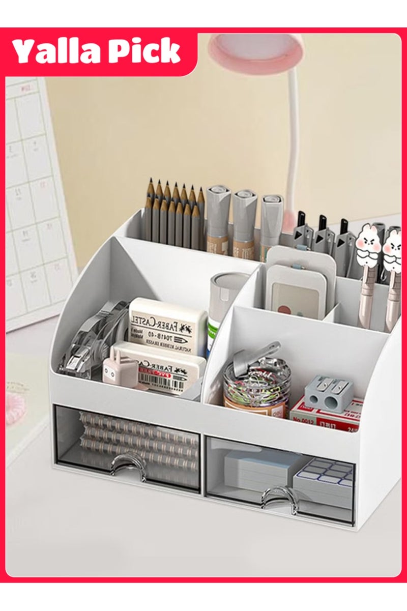 Yalla Pick Desk Organizer, Plastic Makeup Vanity Organizer Box, Desktop Pen Pencil Card Holder for Desk Storage, Desk Organization with 6 Compartments and 2 Drawersfor School, Home, Office  - Image 5