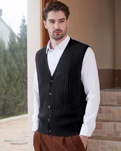 Kallspin Men's Cable Knit Sweater Vest Wool Blend V Neck Button Down Sleeveless Cardigan Vest(Black, 4X-Large) - Image 5