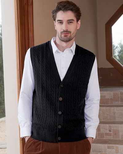 Kallspin Men's Cable Knit Sweater Vest Wool Blend V Neck Button Down Sleeveless Cardigan Vest(Black, 4X-Large) - Image 2