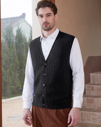 Kallspin Men's Cable Knit Sweater Vest Wool Blend V Neck Button Down Sleeveless Cardigan Vest(Black, 4X-Large) - Image 4