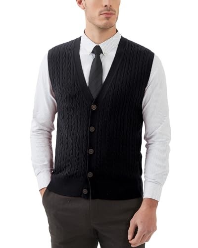 Kallspin Men's Cable Knit Sweater Vest Wool Blend V Neck Button Down Sleeveless Cardigan Vest(Black, 4X-Large) - Image 1