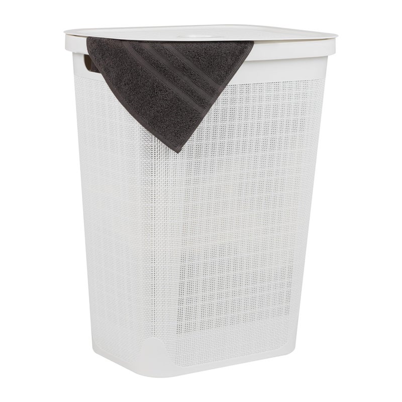 Mind Reader 60L Slim Laundry Hamper Clothes Basket Lid Linen Design Plastic White