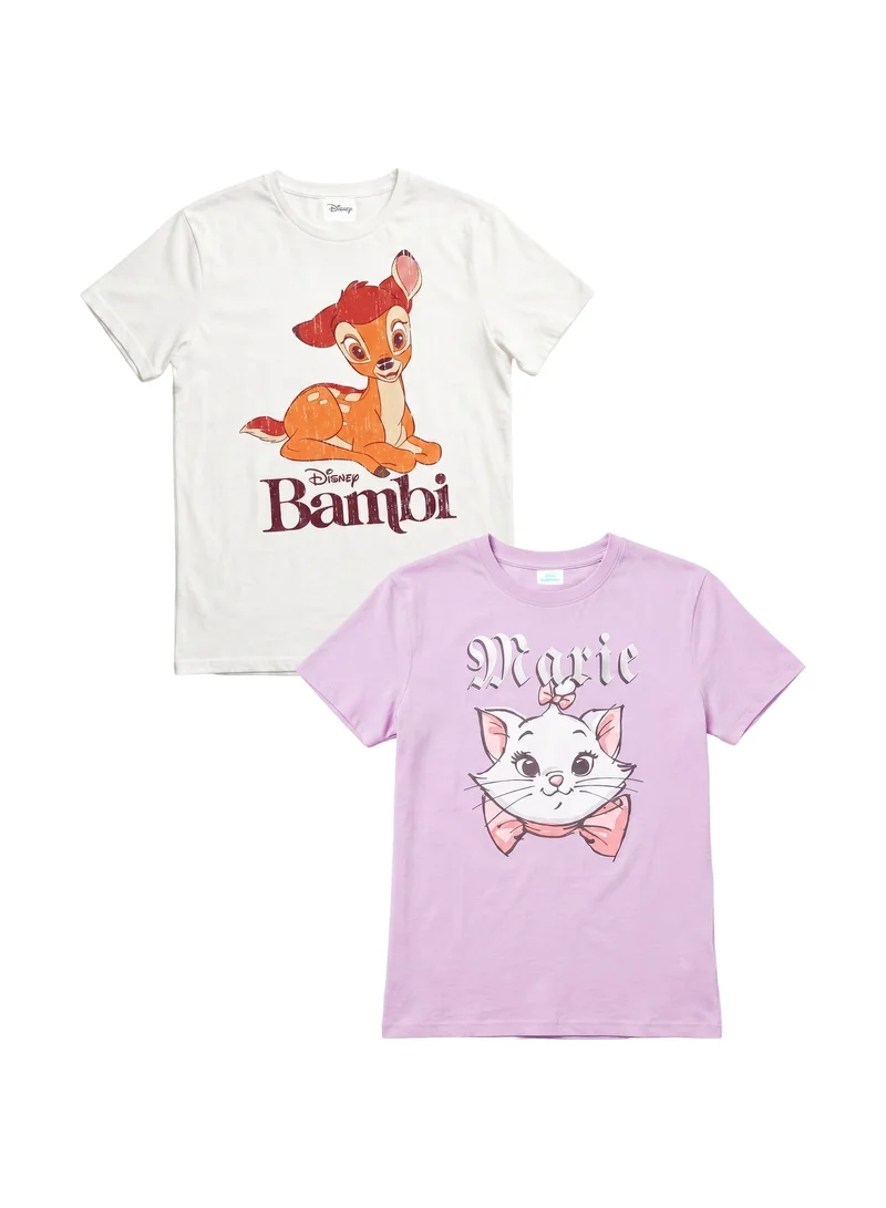 Disney Disney Women's Graphic T-Shirt Pack of 2 | Bambi & Marie Character Print Casual Tees | Soft Cotton Crew Neck Short Sleeve T-Shirts for Women