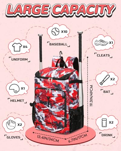 FOKDUVB Baseball Softball Gear Bag Backpack for Boys Girls Ages 812 1214 Large Kids Youth Bat Bag with Ventilated Shoe Compartment Baseball Softball Players Stuff Supplies Red Camouflage - Image 3