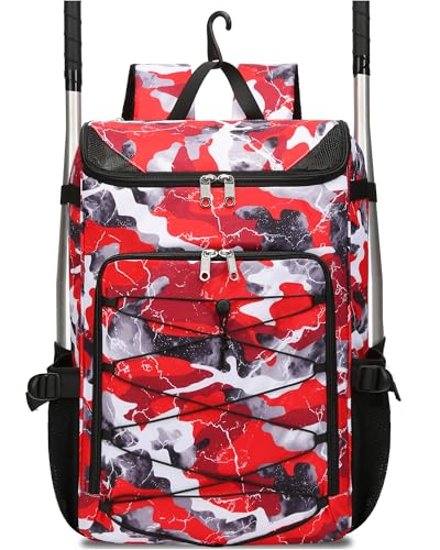 FOKDUVB Baseball Softball Gear Bag Backpack for Boys Girls Ages 812 1214 Large Kids Youth Bat Bag with Ventilated Shoe Compartment Baseball Softball Players Stuff Supplies Red Camouflage - Image 1