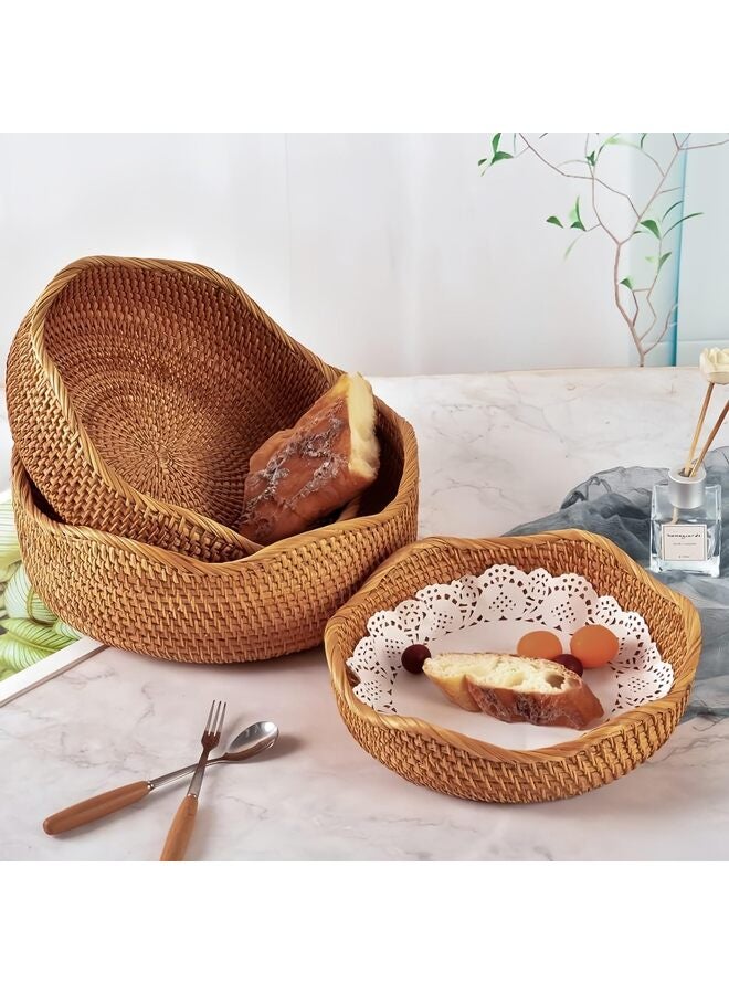 LAMAY Rattan Bread Basket, Wave Fruit Baskets, Wicker Storage Bowls, Natural Woven Serving Basket Bowls, Decorative Baskets for Kitchen Counter Organizing, Set of 3 - Image 3
