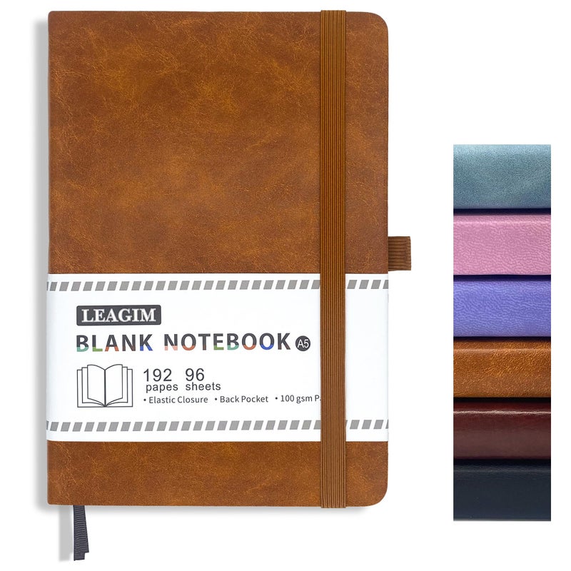 LEAGIM Blank Journal Notebook, A5, 192 Pages 100 GSM Thick Sketch Book for Women Men, Hardcover Leather Unlined Journaling for Work, Notebooks for Writing, 5.8 inches x 8.5 inches (Brown) - Image 1