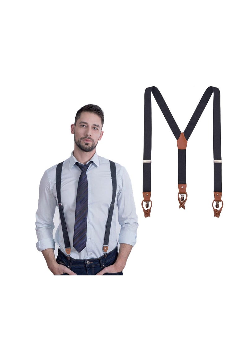Brown Leather Button Tab and Clip Suspenders for Men, Heavy Duty Wedding Braces for Groom and Groomsmen, Ideal for Tuxedos, Formal Shirts, Shorts, and Jeans, Perfect for Weddings and Events. - Image 1