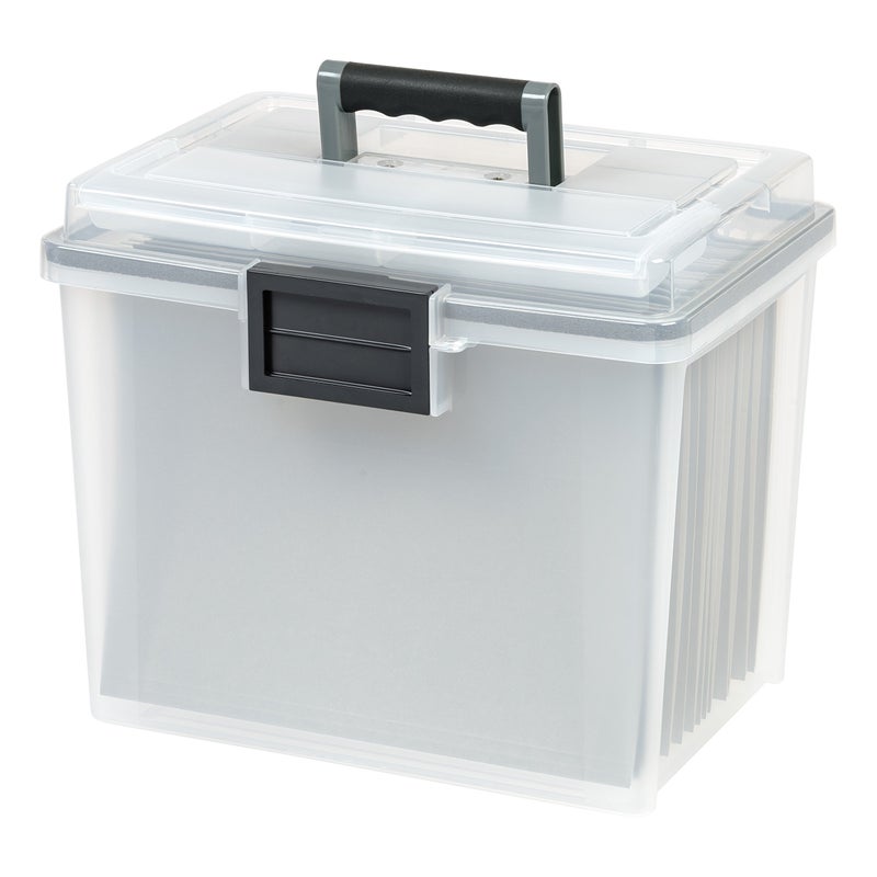 IRIS USA 19 Quart WEATHERPRO Plastic Office Storage Portable Letter Size File Box with OrganizerLid and Seal and Secure Latching Buckles Clear with Black Buckle 1 Pack