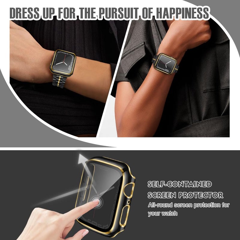 top4cus 44mm Case Compatible with Apple Watch, with Built-in Tempered Glass Screen Protector, PC Cover for iWatch Series 9/8/7/SE 2rd SE 6 5 4/3 2 for Choice (44mm, Black + Gold Edge) - Image 2