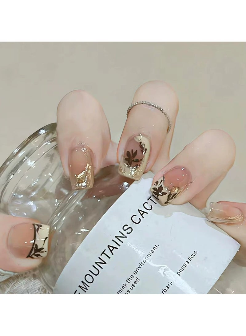 Goolsky Fresh Maple French Press On Nails – Gold Foil Elegant Square Nail Tips with Rhinestones TikTok Hot Fake Nails - Image 1