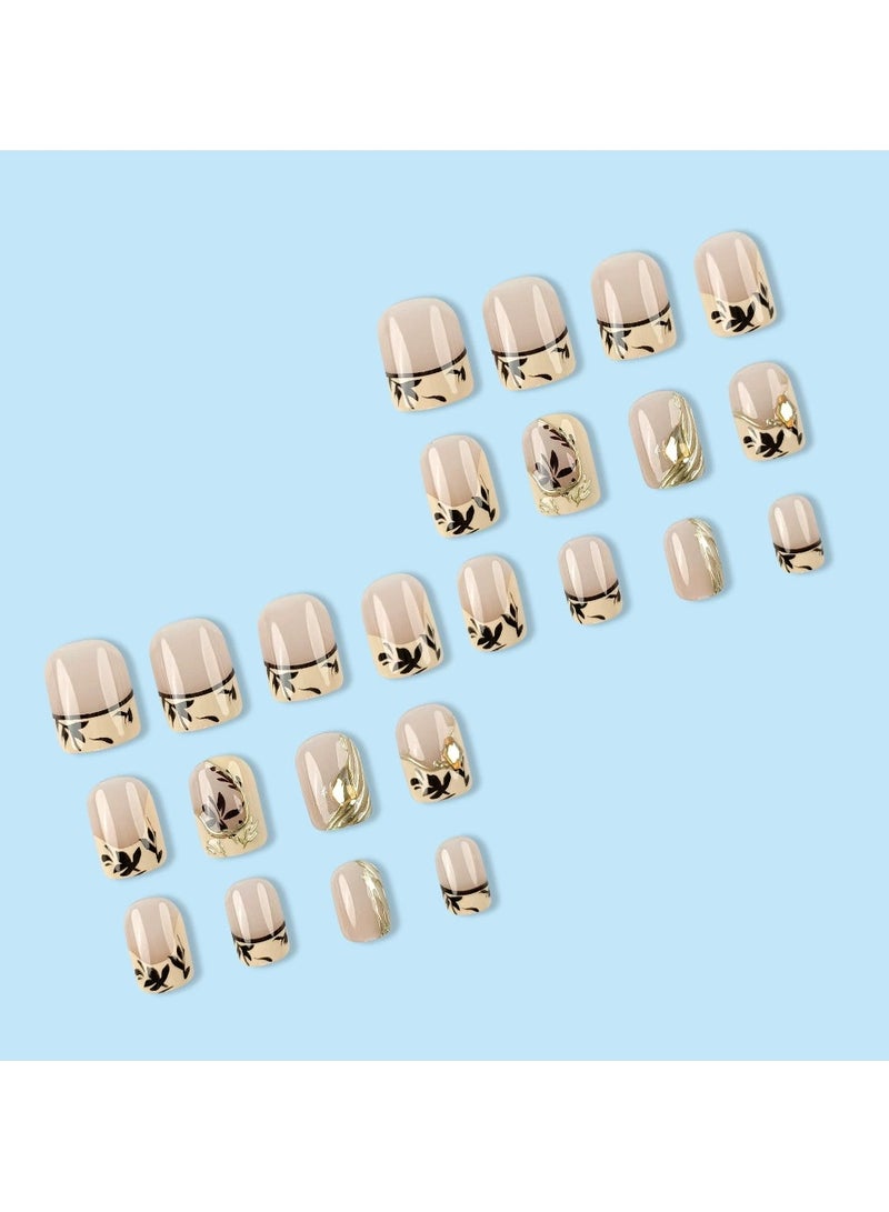 Goolsky Fresh Maple French Press On Nails – Gold Foil Elegant Square Nail Tips with Rhinestones TikTok Hot Fake Nails - Image 3
