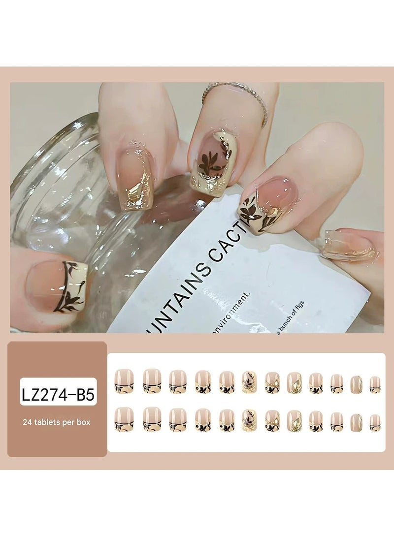 Goolsky Fresh Maple French Press On Nails – Gold Foil Elegant Square Nail Tips with Rhinestones TikTok Hot Fake Nails - Image 2