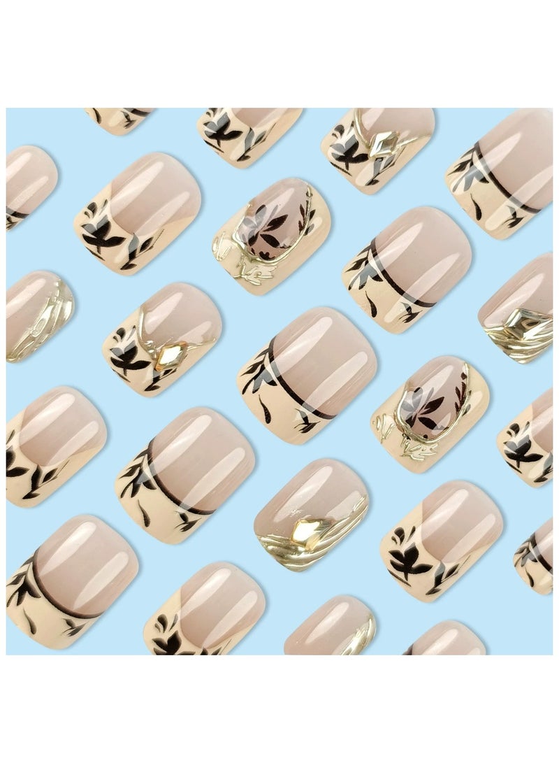Goolsky Fresh Maple French Press On Nails – Gold Foil Elegant Square Nail Tips with Rhinestones TikTok Hot Fake Nails - Image 4