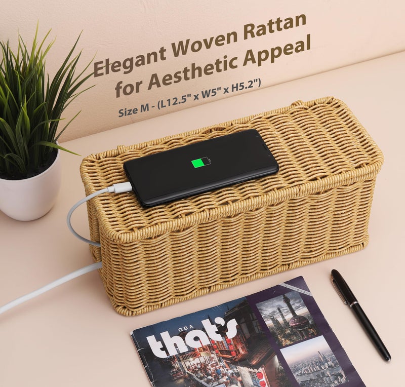 ZhiYo Handmade Cable Management Box, Imitation Rattan Cord Organizer Cord Hider Box, Desk Cord Management Box to Hide Cords and Power Strip L12.5 W5 H5.2 CB2412 Deep Speckled Brown - Image 5