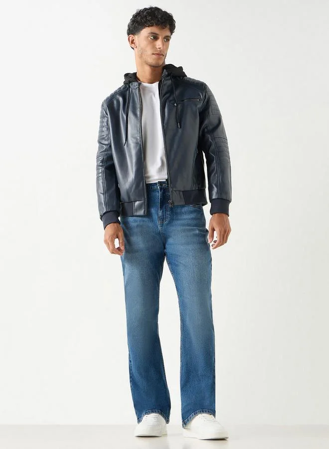 Lee Cooper Lee Cooper Solid Zip Through Biker Jacket with Hood and Pockets