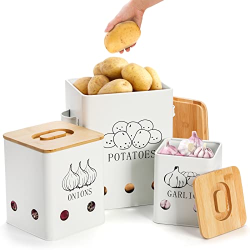 WUWEOT 3 Pack Vegetable Storage Tins, Metal Onion Garlic Potato Jars Set, Kitchen Canisters Vegetable Keeper Containers with Aerating Holes and Wooden Lid - Image 4