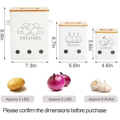 WUWEOT 3 Pack Vegetable Storage Tins, Metal Onion Garlic Potato Jars Set, Kitchen Canisters Vegetable Keeper Containers with Aerating Holes and Wooden Lid - Image 2