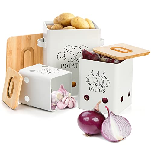 WUWEOT 3 Pack Vegetable Storage Tins, Metal Onion Garlic Potato Jars Set, Kitchen Canisters Vegetable Keeper Containers with Aerating Holes and Wooden Lid - Image 5