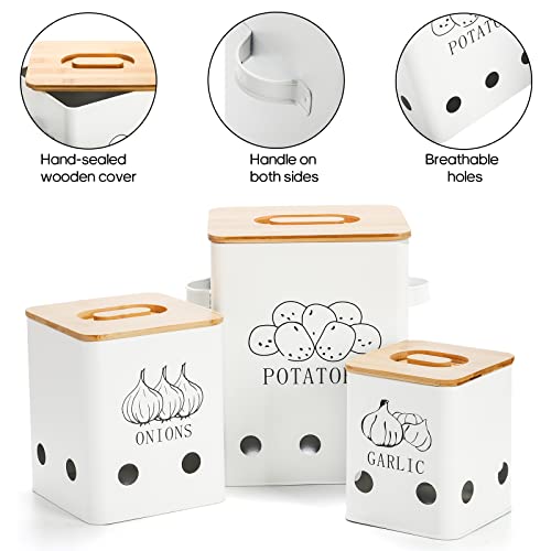 WUWEOT 3 Pack Vegetable Storage Tins, Metal Onion Garlic Potato Jars Set, Kitchen Canisters Vegetable Keeper Containers with Aerating Holes and Wooden Lid - Image 3
