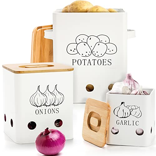 WUWEOT 3 Pack Vegetable Storage Tins, Metal Onion Garlic Potato Jars Set, Kitchen Canisters Vegetable Keeper Containers with Aerating Holes and Wooden Lid - Image 1