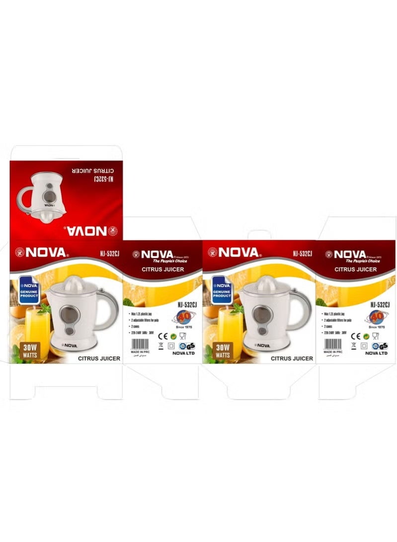 Nova Citrus Juicer NJ-532CJ 30W Electric Citrus Juicer, 1.2L Plastic Jug, Dual Pulp Filters, 2 Juicing Cones, One-Touch Operation, Fresh Orange Lemon Juice Maker for Home Kitchen, White - Image 4